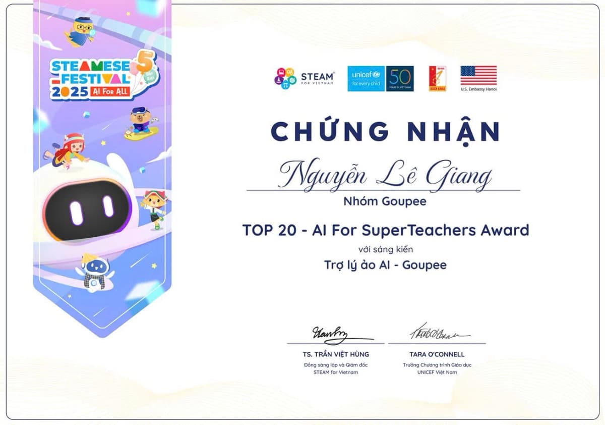 Chứng nhận Top 20 AI For SuperTeachers Award - Nguyễn Lê Giang - STEAMese Festival 2025